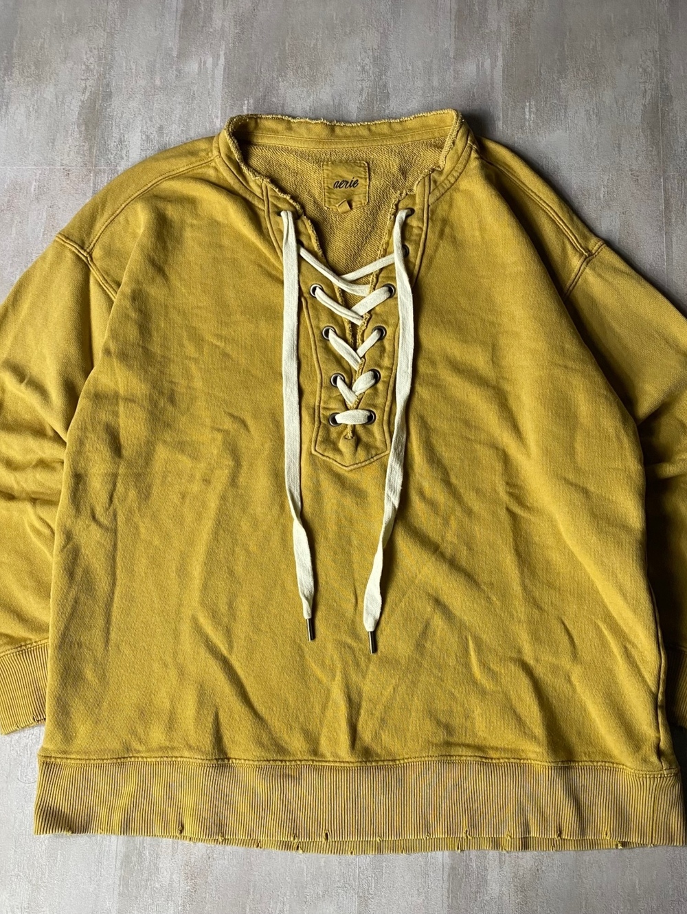 Aerie Womens XS Mustard Yellow Lace Up Sweatshirt Vintage Style Boho Distressed